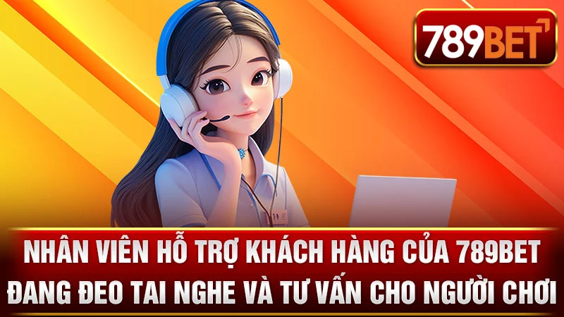 Nhân viên hỗ trợ khách hàng của 789BET đang đeo tai nghe và tư vấn cho người chơi.